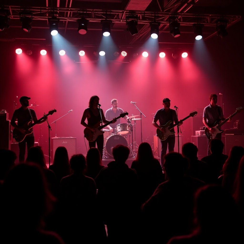 A five-piece band called 'Got Your Six' is performing on stage. The atmosphere is vibrant with dynamic red lighting that enhances the energy of the concert. The band members are engaged in their music as the audience looks on with excitement. Instruments like guitars and drums are prominent in the setup, capturing the essence of a live rock performance. The audience is silhouetted, allowing the focus to remain on the band as they play their set.