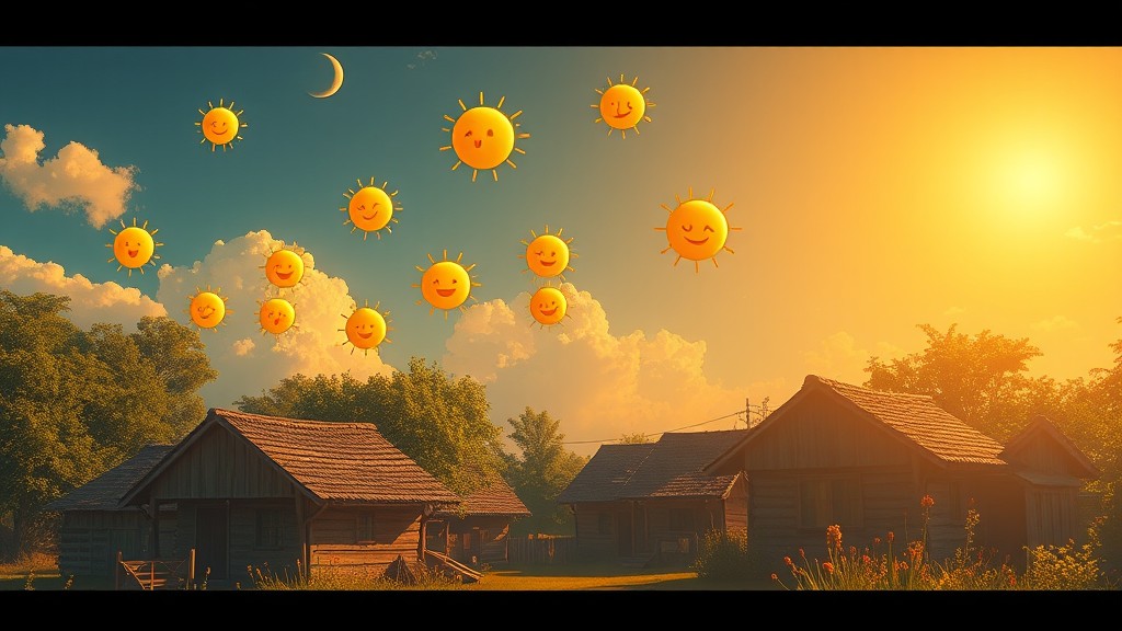 A serene rural scene with cheerful sun emojis floating in the sky at sunset.