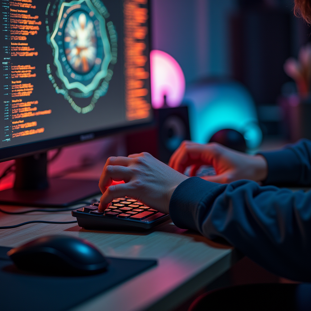 A person types on a backlit keyboard in a dimly lit room, with code and graphical elements displayed on a computer screen, surrounded by cool ambient lighting.