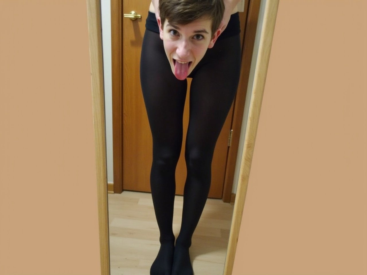 A person is standing in front of a mirror, wearing black stockings. They have their hands at their sides and are playfully sticking out their tongue. Their hair is short and styled in a casual manner. The background features a wooden door and a light wooden floor, creating a simple and clean aesthetic. The person appears confident and relaxed in the mirror's reflection.