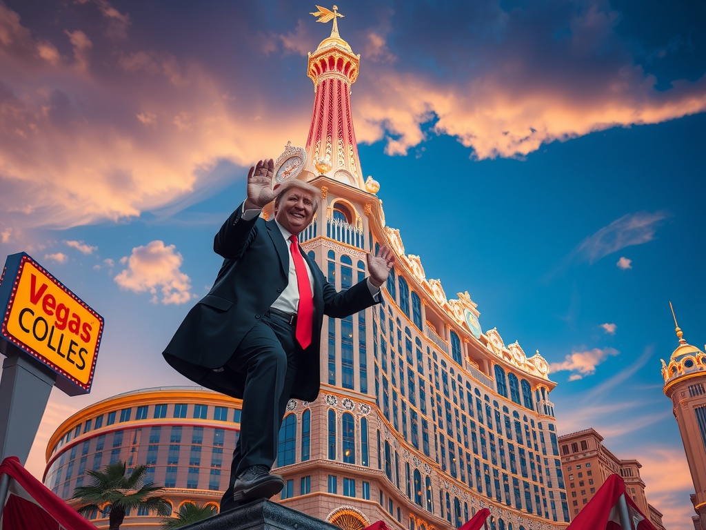 A person in a suit and tie is playfully posing in front of a grand Las Vegas hotel and casino.