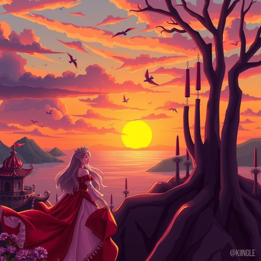 A royal figure gazes at a vibrant sunset over serene waters, surrounded by mystical landscapes.