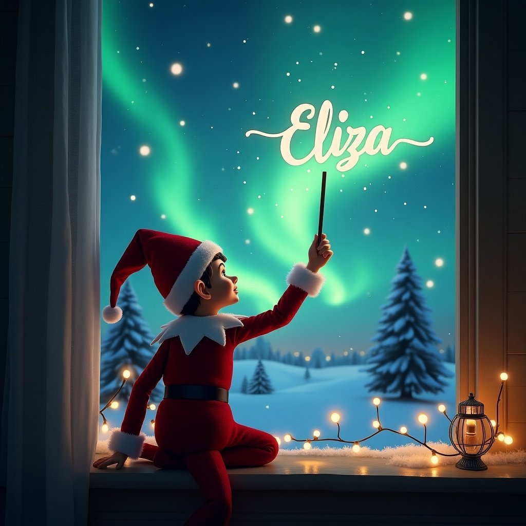 An elf on the shelf is seen from the back, gazing up at the beautiful Northern lights outside. He holds a wand and writes the name 'Eliza' in the starry sky. The scene is cozy, with snow-covered trees visible outside. Warm lights frame the window, adding to the festive atmosphere. This magical Christmas setting captures the joy of the holiday season. The elf is dressed in a classic red outfit, complete with a festive hat. This enchanting image encapsulates the spirit of Christmas and childhood wonder.