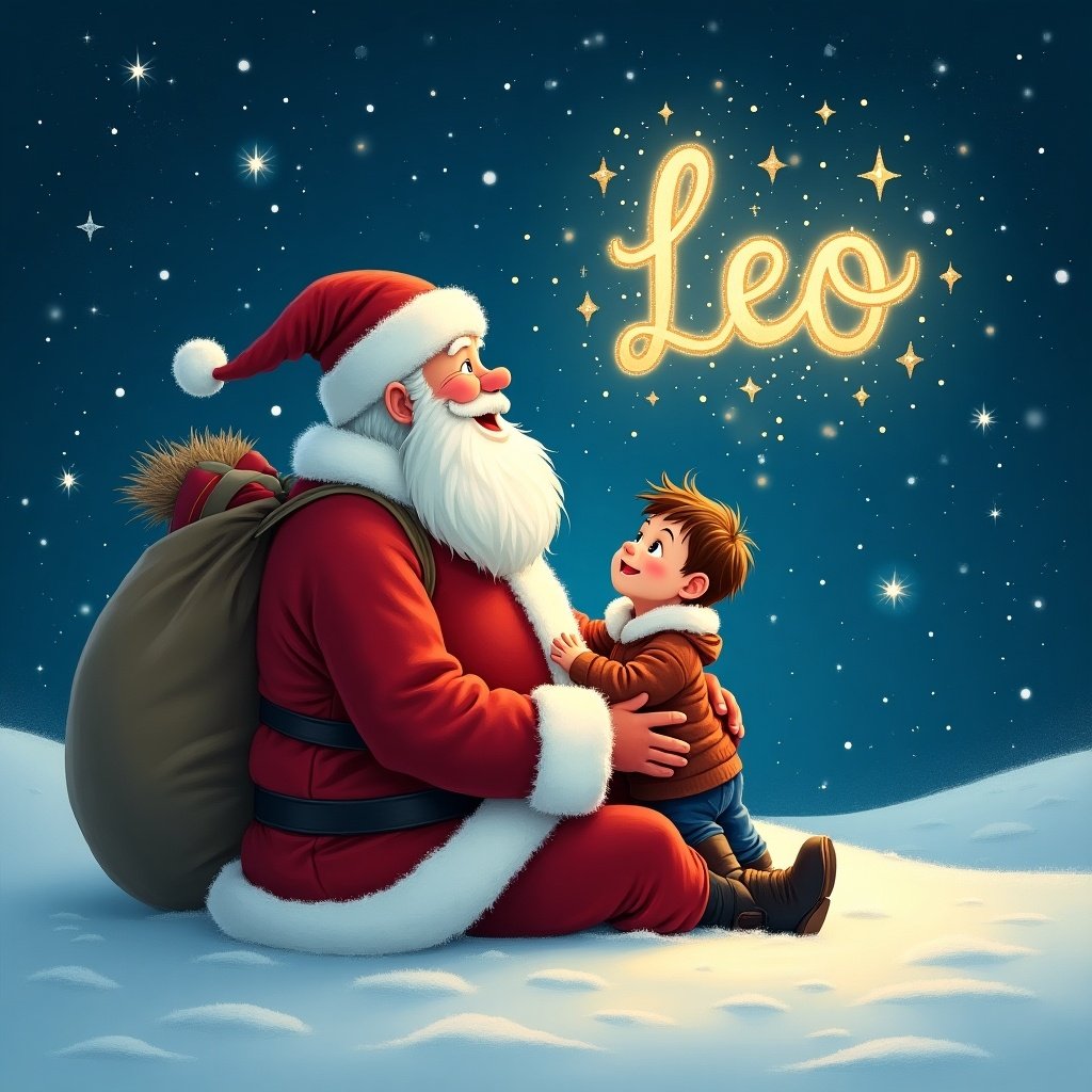 In a wintry landscape, Santa Claus sits joyfully with a young boy. The boy looks up at Santa with wonder and excitement. Above them, in shimmering letters, the name 'Leo' is being magically written in the night sky. Snowflakes softly fall around them, creating a cozy holiday atmosphere. The scene is illuminated by twinkling stars, adding to the magical feeling of Christmas.