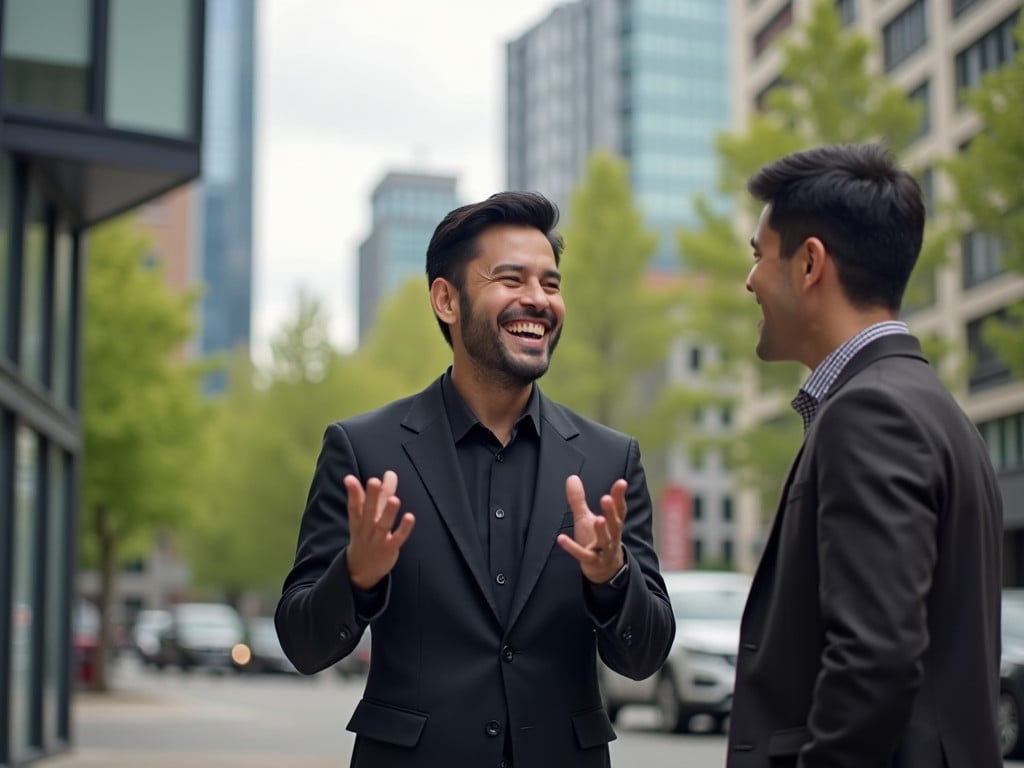 This image features two men dressed in formal suits, happily engaged in conversation in an urban setting. One man is wearing a black suit, while the other is dressed in a dark grey suit, both exuding confidence. They are outdoors, surrounded by modern buildings and greenery, indicating a business environment. The mood is light and joyful, highlighting a strong friendship or camaraderie. This scene captures the essence of networking and professional relationships in a vibrant city atmosphere.