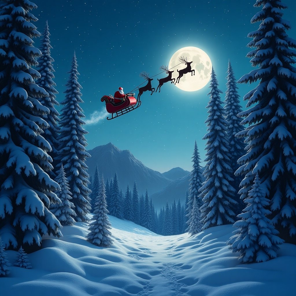 The image depicts a magical winter night scene in the North Pole. Santa Claus is flying in his sleigh, pulled by reindeer, gracefully soaring through the sky. The background features snow-laden trees under a bright, full moon. A serene snowy path leads into the forest, enhancing the tranquil atmosphere. This festive illustration captures the spirit of Christmas, evoking a sense of wonder and joy.