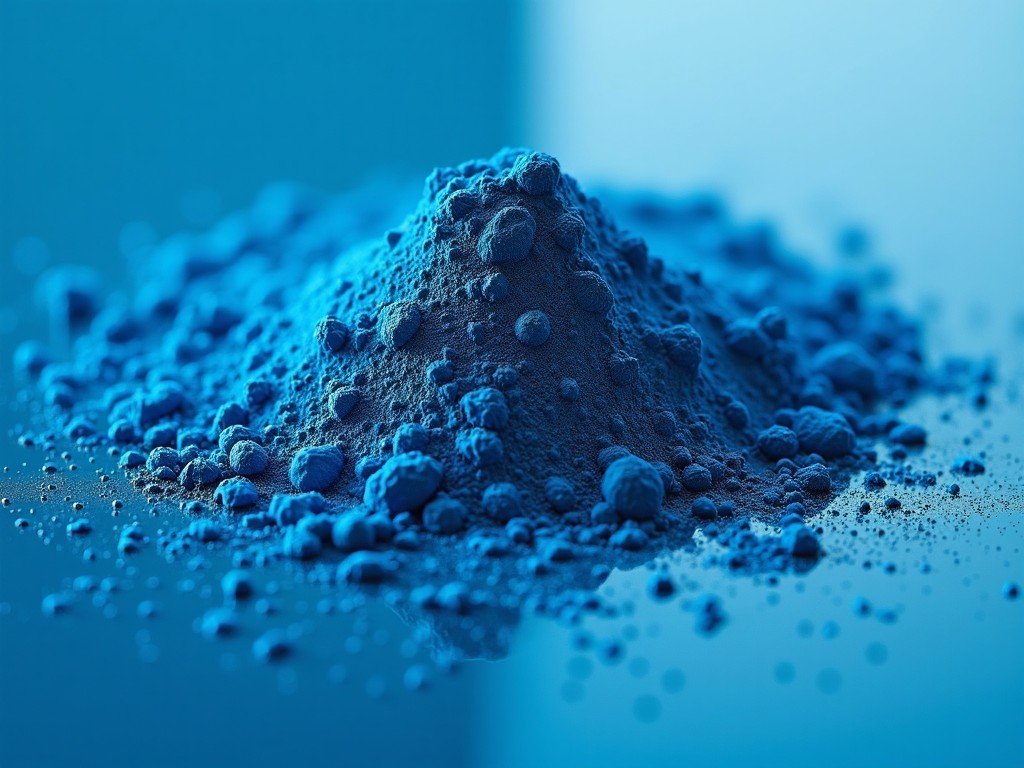 This image showcases a mound of vibrant blue powder. The texture reveals fine particles, emphasizing an abstract aesthetic. The color is a striking electric blue that catches the eye. Soft, diffused lighting enhances the serene look of the powder. The composition focuses tightly on the mound, creating a clean and minimalist feel.