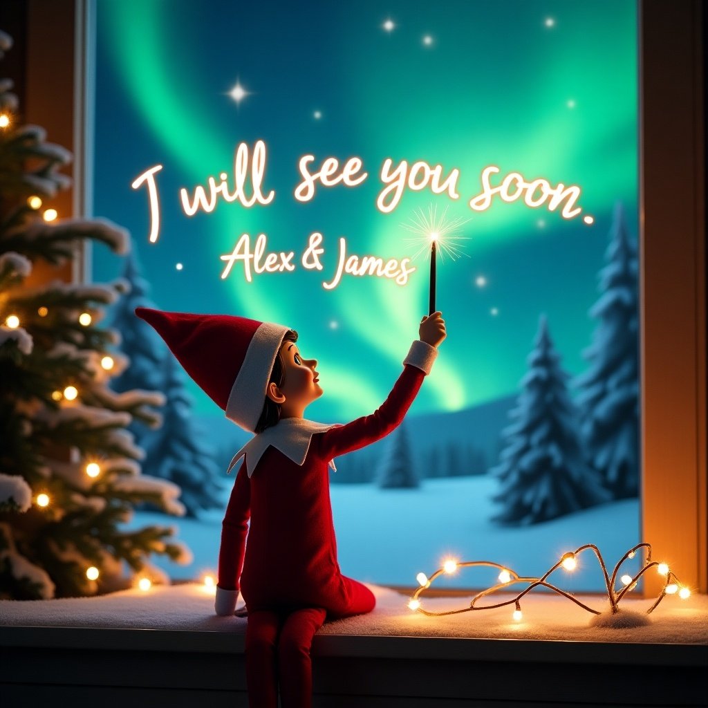 An enchanting Christmas scene featuring an elf on the shelf. The elf is positioned with his back to the viewer, casting a spell with a wand. He is writing 'I will see you soon' and 'Alex & James' in glowing script above him. The backdrop is filled with vibrant northern lights, enhancing the magical atmosphere. Christmas lights twinkle around, creating a festive mood. This scene encapsulates the wonder of Christmas, with a playful and whimsical touch.