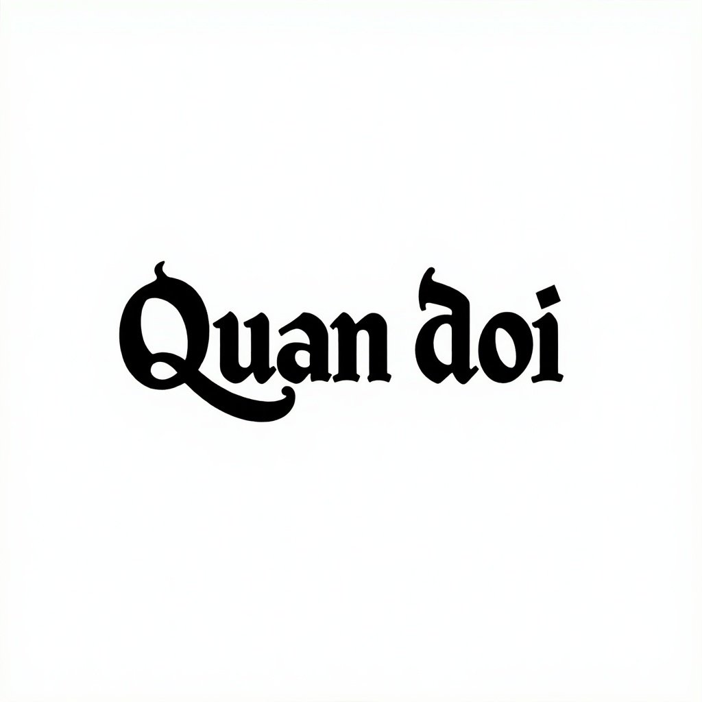 The image features the word 'Quan doi', presented in a unique and stylized font. The text is black, standing out against a clean white background. The intricate designs and swirls in the lettering enhance its artistic flair, making it visually appealing. This typography embodies both vintage and modern elements, adding character to the presentation. It is an ideal choice for branding, art, or creative projects.