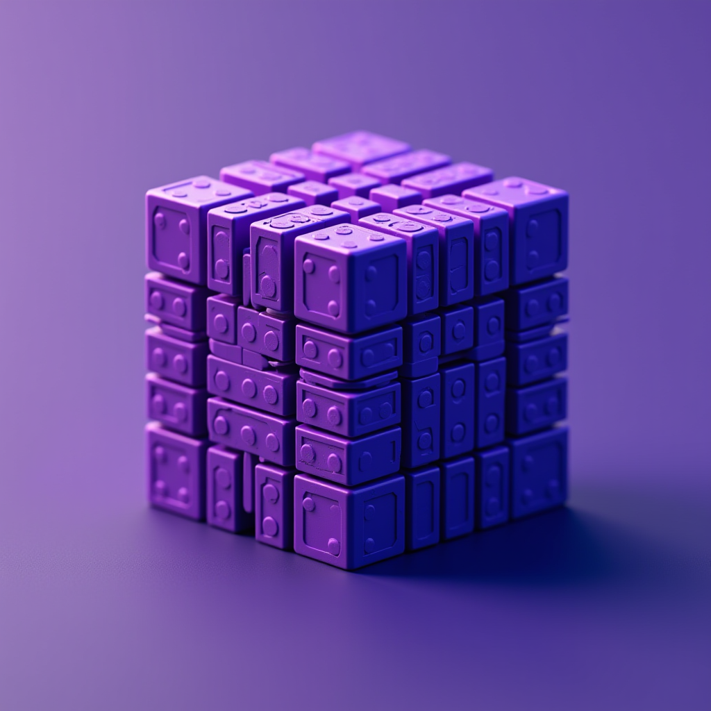 A highly detailed purple cube composed of smaller dice-like blocks on a gradient background.