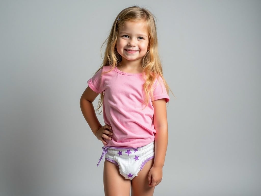 This image features a seven-year-old girl with long blonde hair. She is wearing a fitted pink t-shirt and a white diaper with purple stars on it. The background is a soft gray, enhancing her youthful innocence. Her pose is relaxed with one hand on her hip, exuding confidence. The soft lighting makes the scene inviting and highlights the playful atmosphere of childhood.