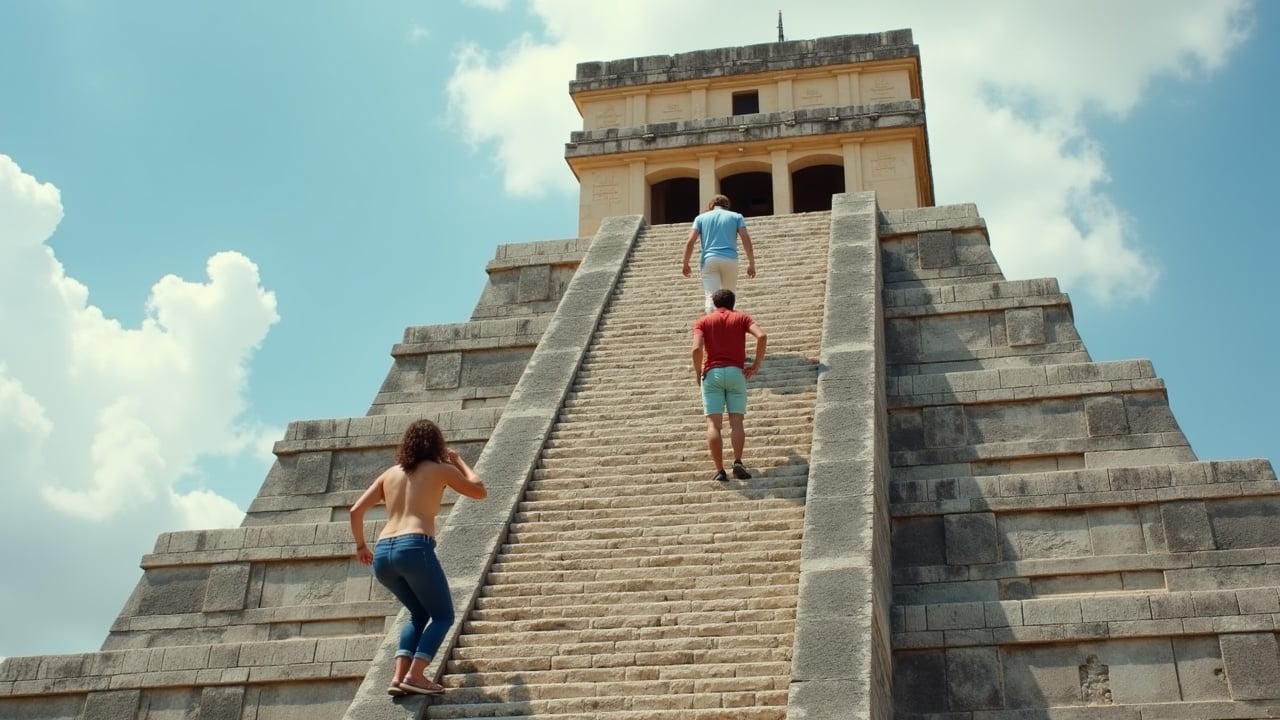 The image captures three individuals climbing the steps of the El Castillo pyramid at Chichen Itza. The scene depicts a sunny day with a few clouds in the sky. Among them, one individual appears to struggle with the steepness of the terraced steps, which are quite tall. In contrast, another climber progresses effortlessly up the staircase. The pyramid's historic and majestic structure towers above them, highlighting the grandeur of ancient Mayan architecture. This iconic site is known for its cultural heritage and attracts tourists from around the world.