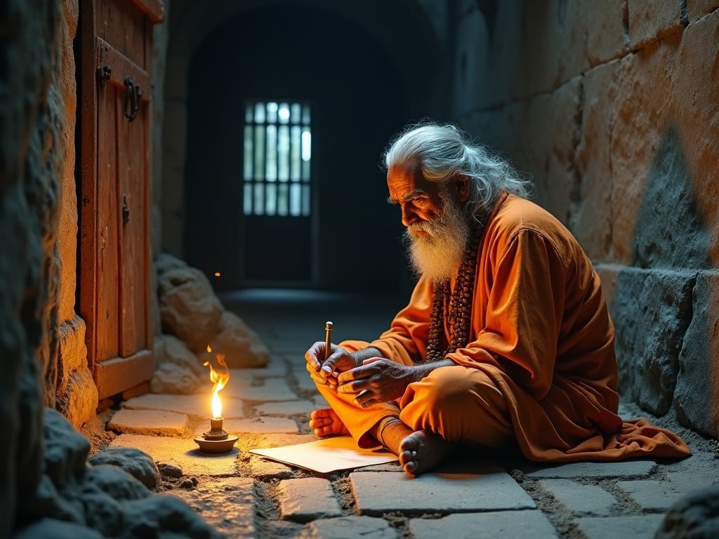 The scene is set inside a dimly lit prison cell with a rough stone floor and an old iron door. Goswami Tulsidas, a late 50s ascetic with unkempt gray hair and a full white beard, sits on the stone floor wearing a simple saffron robe. He is deeply immersed in writing verses that express his devotion to Lord Hanuman, illuminated by the warm light of an oil lamp. The atmosphere is thick with purpose as he occasionally looks up, feeling inspired by the imagined presence of Hanuman beside him. The setting encapsulates the struggle and serenity of his spiritual journey.