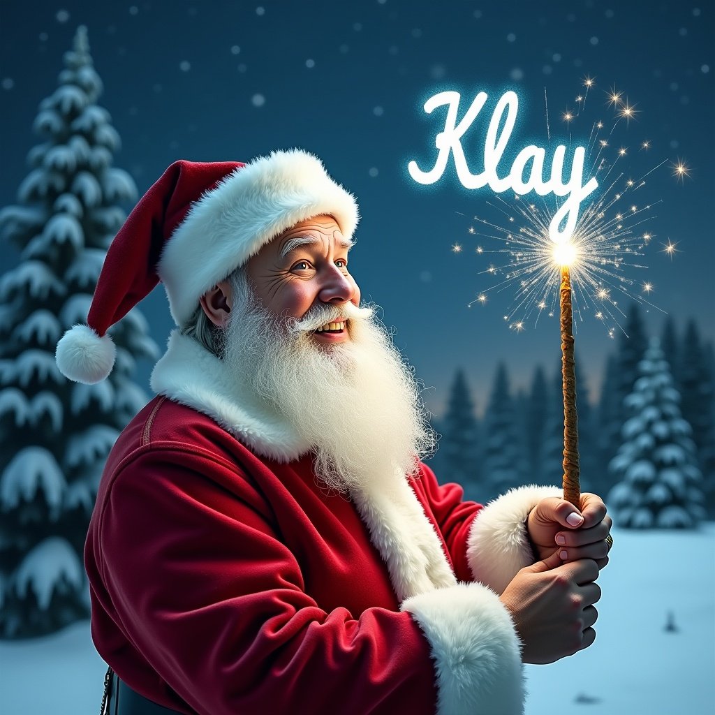 A jolly Santa Claus stands in a snowy landscape, holding a magical wand that sparkles beautifully. He wears his iconic red suit trimmed with white fur and a matching hat. His eyes shine with joy as he appears to be writing names in the sky. Behind him, there are evergreen trees dusted with snow and a starry night sky, adding to the festive atmosphere. The name 'Klay' is illuminated in the air, capturing the magic of the holiday season.