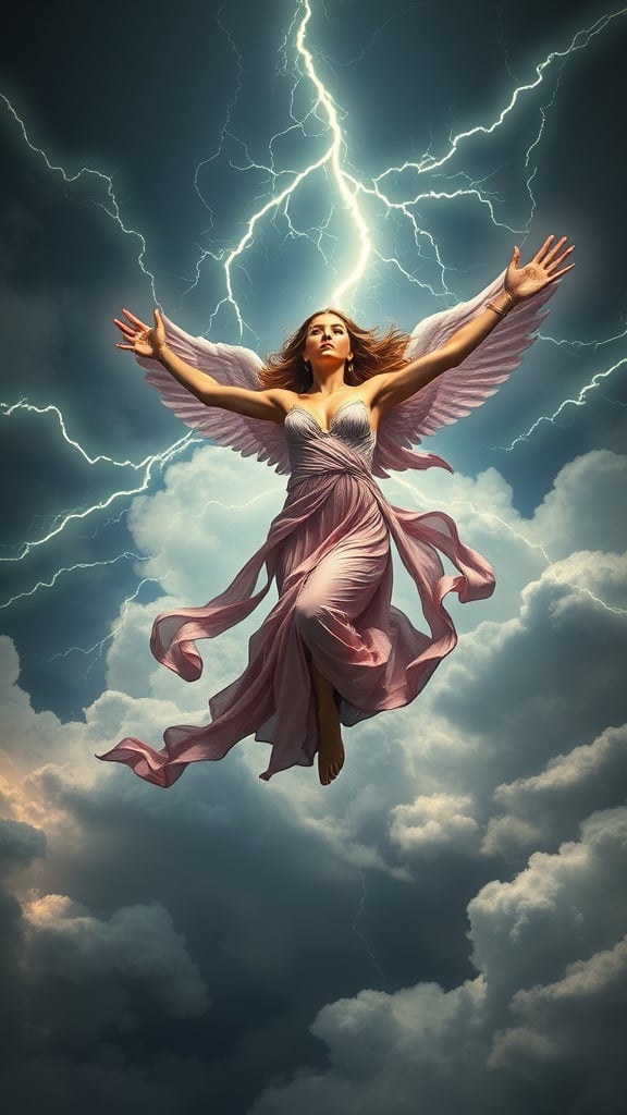 This striking image depicts a majestic angel with wide-spread wings soaring through a stormy sky, surrounded by dramatic lightning. The angel wears a flowing pink dress, illuminated by a surreal light that contrasts with the ominous clouds and lightning. The combination of nature’s fury and divine calm creates a mesmerizing visual story of power and grace.