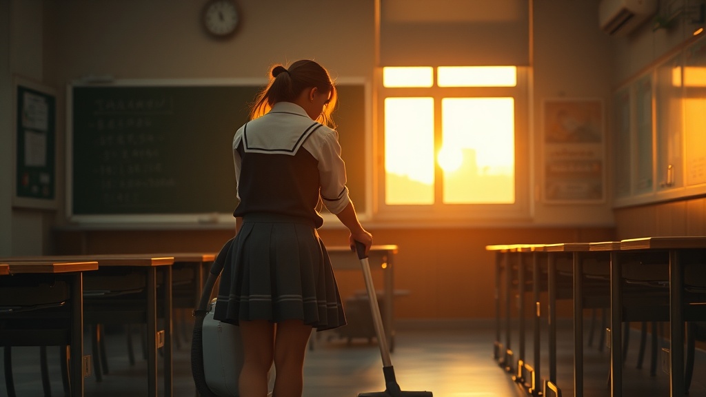 A student dressed in a school uniform is seen cleaning a classroom as the golden hues of sunset fill the space, casting a warm glow through a large window. The empty desks and the chalkboard add to the serene and reflective atmosphere, emphasizing a moment of solitude and responsibility.