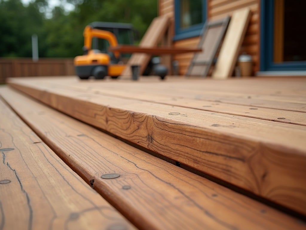 The image captures a close-up view of a newly built wooden deck. The soft focus in the background shows outdoor furniture including a bright orange chair and a wooden table. The scene suggests a peaceful outdoor setting, ideal for relaxation and enjoyment, highlighting the warm tones and natural grain of the wood.