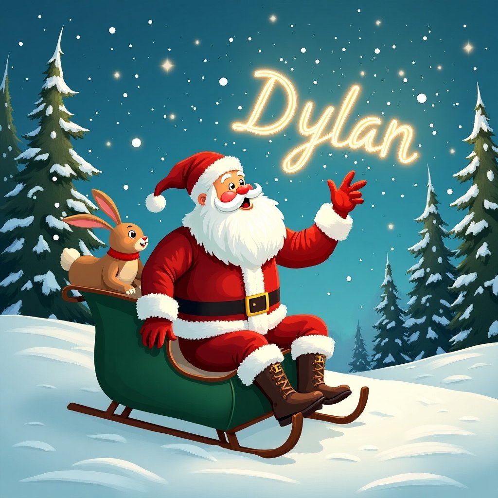 The image shows Santa Claus in a beautiful winter wonderland. He is joyfully sitting in a green sled, dressed in his classic red and white suit. A friendly rabbit sits beside him, adding a whimsical flair. Santa is conjuring magical writing in the sky that spells 'Dylan.' Tall evergreen trees covered in snow surround them, creating a serene background. The sky is illuminated with twinkling stars, fostering a magical atmosphere. This scene encapsulates the true spirit of Christmas and holiday cheer, making it perfect for festive occasions.