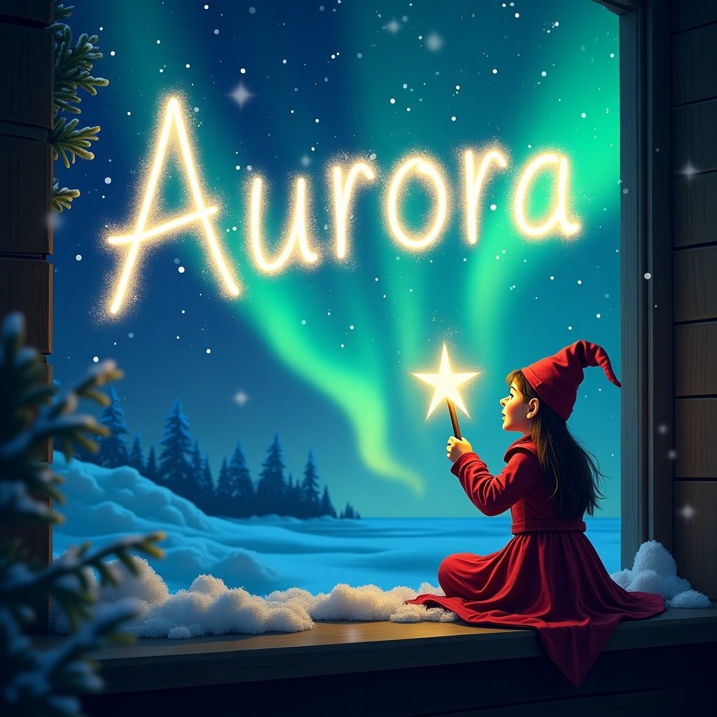 The image depicts a whimsical scene of a girl dressed in red sitting by a window. She gracefully uses a magical wand to write the name 'Aurora' in sparkling letters formed by the northern lights. It's a cozy winter night, with snow on the ground outside. The room has a warm, inviting feel, accentuated by the magical glow from the wand. An elf on the shelf can be seen nearby, adding to the festive atmosphere.