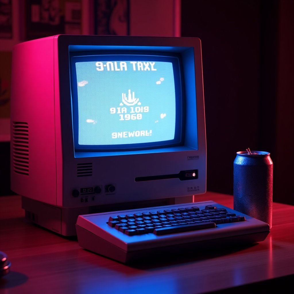 This image features a vintage computer that showcases a retro video game on its screen. The screen is illuminated with a bright blue hue, featuring the text '9-NLA TAXI 1960'. The computer setup is surrounded by a pinkish glow, creating a nostalgic atmosphere reminiscent of the 1980s. Next to the computer, there is a metallic soft drink can, adding to the retro aesthetic. The overall lighting and composition capture the essence of classic gaming culture, inviting viewers to reminisce about the old days of arcade gaming.