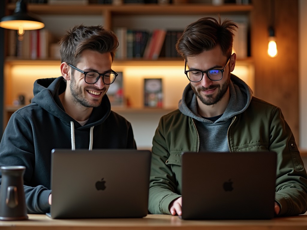 Two smiling young men with eyeglasses working on laptops in a cozy, warmly lit, modern setting.