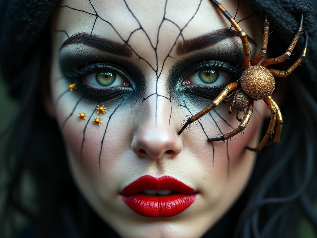 A striking and artistic portrait of a woman with dark makeup featuring spider web designs and a large decorative spider near her eye.