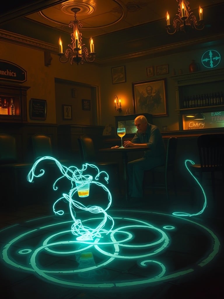 A glowing, magical drink floats within an intricate neon circle in a dimly lit bar.