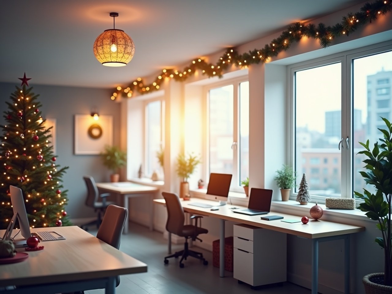 This image depicts a modern office with a Christmas theme. The room features large windows adorned with festive decorations, including garlands and twinkling lights. The ceiling is bright and white, reflecting the warm glow from a Christmas-themed pendant light. The walls are decorated with subtle holiday colors, creating a cozy atmosphere. Small Christmas ornaments can be seen on the desk and along the window sill, adding to the cheerful ambiance.