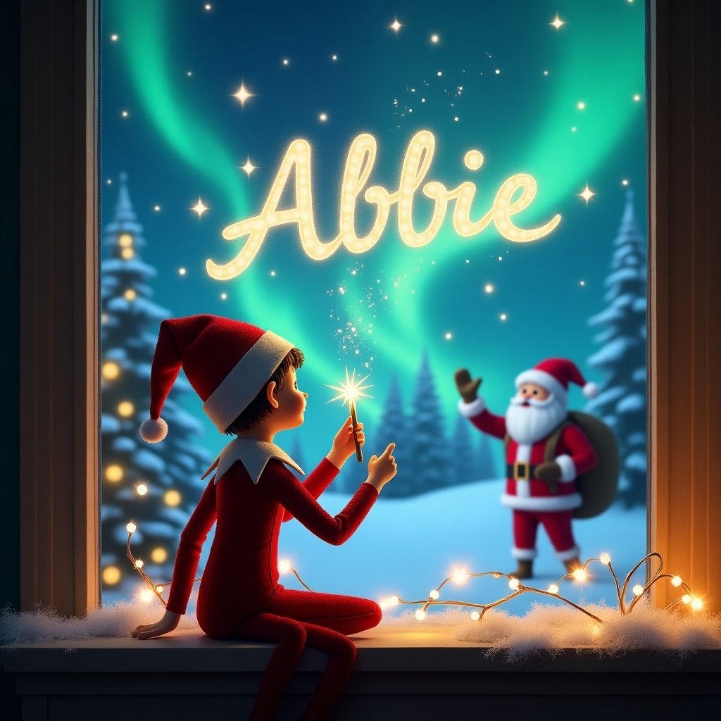 The image depicts an adorable elf on the shelf sitting with his back turned, facing a vibrant night sky filled with northern lights. With a sparkling magic wand in hand, the elf is elegantly writing the name 'Abbie' in shimmering light. In the background, Santa Claus stands cheerfully, adding to the festive atmosphere. The scene is warmly illuminated, creating a cozy and magical Christmas mood. Snow-covered trees frame the window, enhancing the enchanting winter wonderland feel.