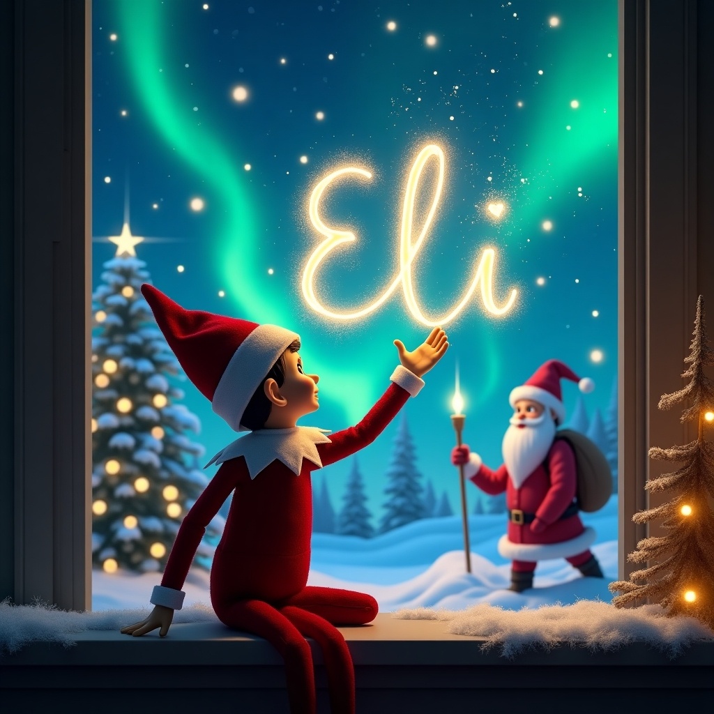 An elf on the shelf is sitting by a window, facing the sky. He is using a wand to write the name 'Eli' in glowing letters amidst the stars. Behind him, a winter wonderland is illuminated by the enchanting northern lights. In the background, Santa Claus stands with a bag of gifts. The scene captures the spirit of Christmas magic and wonder. The elf's vibrant red outfit adds to the festive atmosphere while snowflakes gently fall outside the window.