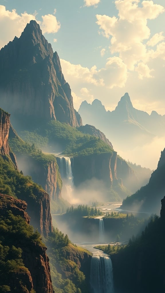 This stunning digital artwork showcases a series of majestic mountains and cascading waterfalls. The towering peaks stretch towards the sky, while lush greenery covers the cliffs. A series of cascading waterfalls create a sense of movement, as mist rises gently around them. The sky is dotted with soft clouds, adding to the serene and ethereal atmosphere of the scene.