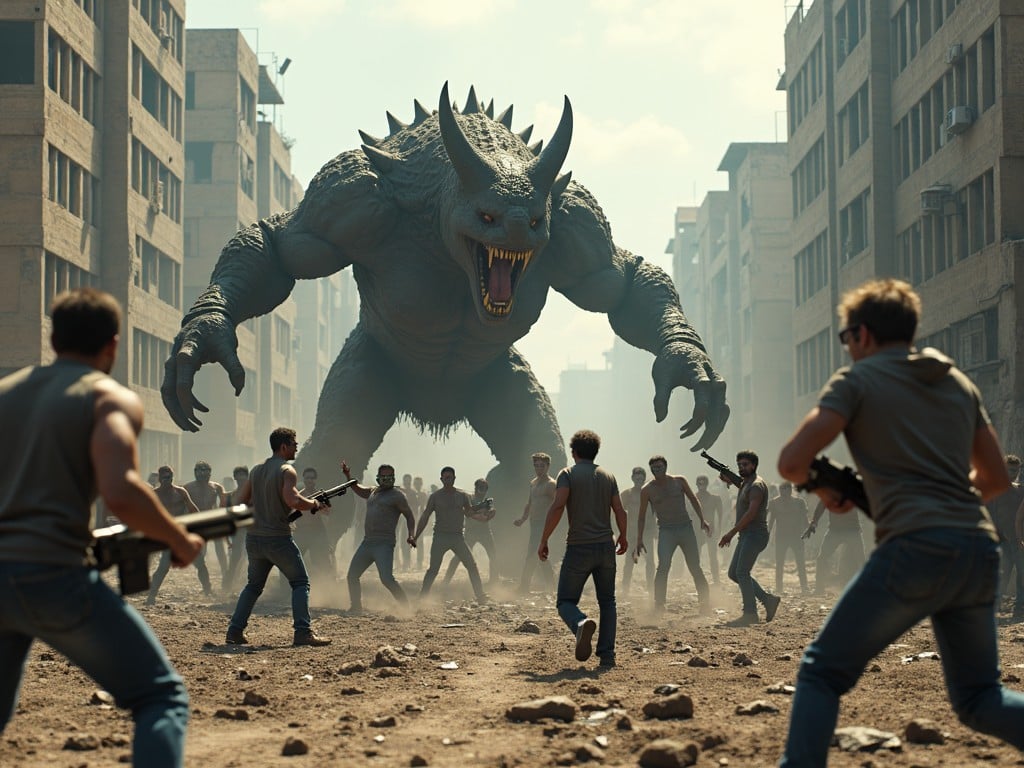 Soldiers confronting a giant monster in a city street, surrounded by dust and debris, with a dramatic and intense atmosphere.