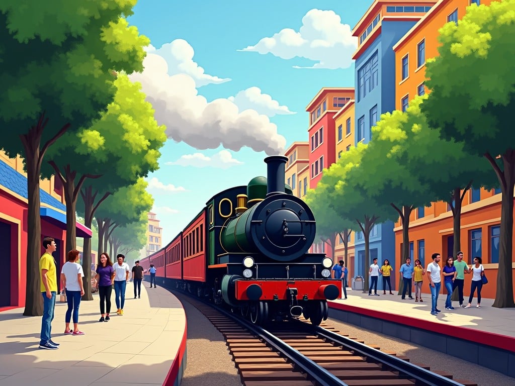 The image depicts a vibrant train station platform with a classic steam train positioned on the tracks. Surrounding the train are colorful buildings painted in bright hues of blue, orange, and yellow. Tall, lush green trees line the sidewalk where pedestrians mingle. Some people are standing close to the tracks, observing the train, while others are engaged in conversation. The sky is clear with scattered clouds, suggesting a pleasant day. This scene captures the lively atmosphere of a city hub where transportation and community life intersect.