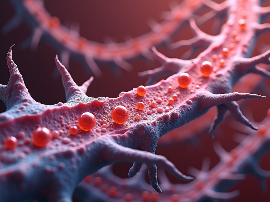 This image depicts a close-up view of a textured cellular structure resembling a blood vessel. The intricate details highlight spikes and red droplets along the surface. The background features a soft gradient that contrasts with the vivid red hues. It emphasizes the microscopic world, showcasing the beauty of biological structures. Perfect for educational or scientific contexts.