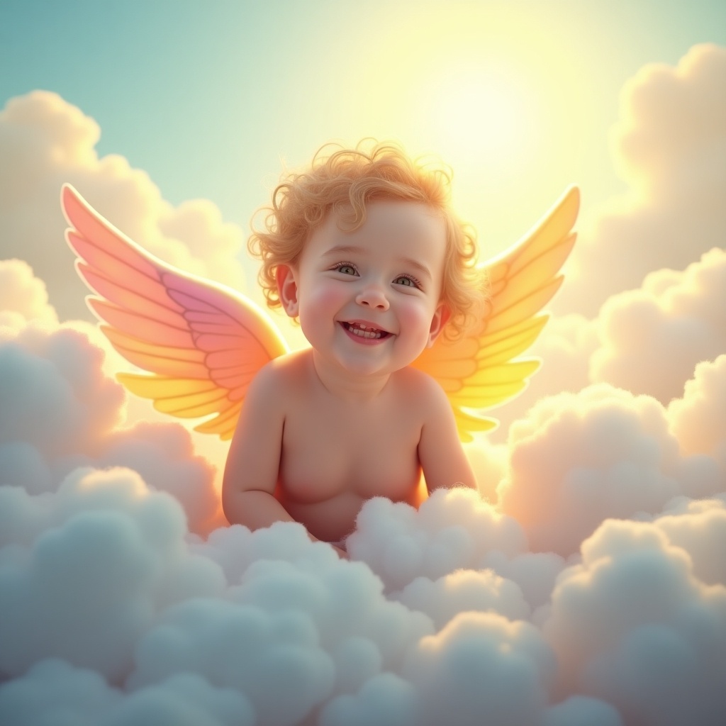 A delightful, digital illustration of a baby named James, with gentle angel wings positioned amidst fluffy clouds. The baby has curly hair and a joyful expression, embodying innocence and happiness. Sunlight beams down from above, creating a warm, inviting atmosphere. The background features soft pastel colors, enhancing the ethereal quality of the scene. This heartwarming image evokes feelings of joy and innocence, perfect for a variety of uplifting contexts.