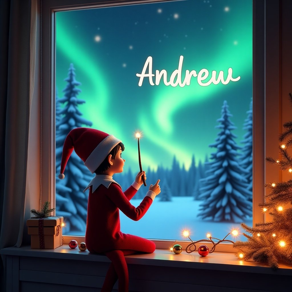 The image features a girl elf on the shelf, positioned with her back to the viewer. She gazes out of a window into a magical Christmas night. Using a wand, she writes 'Andrew' in the sky. The backdrop showcases the Northern Lights in vibrant hues. Outside, snow-covered trees create a beautiful winter wonderland. The cozy room is decorated for Christmas, adding to the festive spirit.