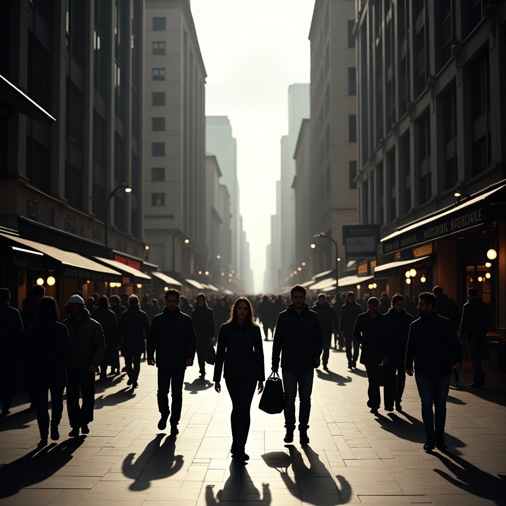 The image captures a busy urban street scene filled with people walking along a wide pedestrian pathway. Towering buildings line both sides of the street, creating a sense of depth. The day appears to be overcast, casting a muted light across the scene. Long shadows stretch from the people as they move through the space. Shops and restaurants are visible on the ground level, indicating a vibrant commercial area.