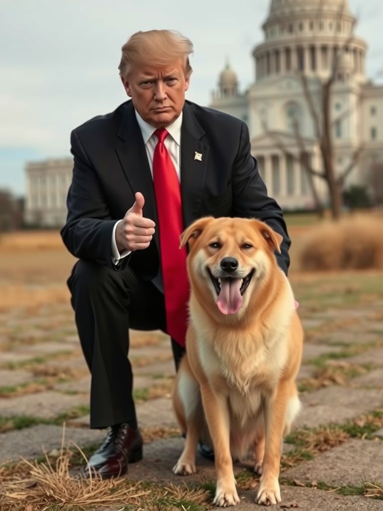 A man in a suit gives a thumbs-up while kneeling beside a happy dog with a grand building in the background.