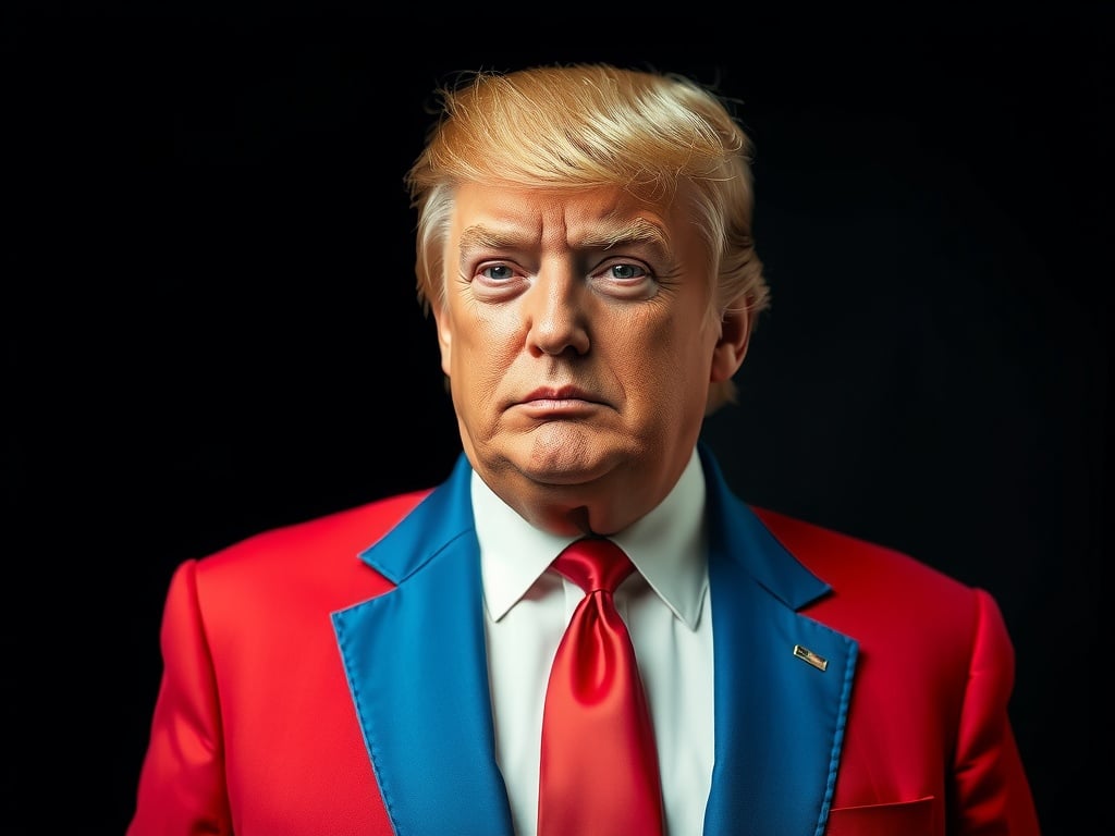 A person wearing a striking red and blue suit against a dark background.