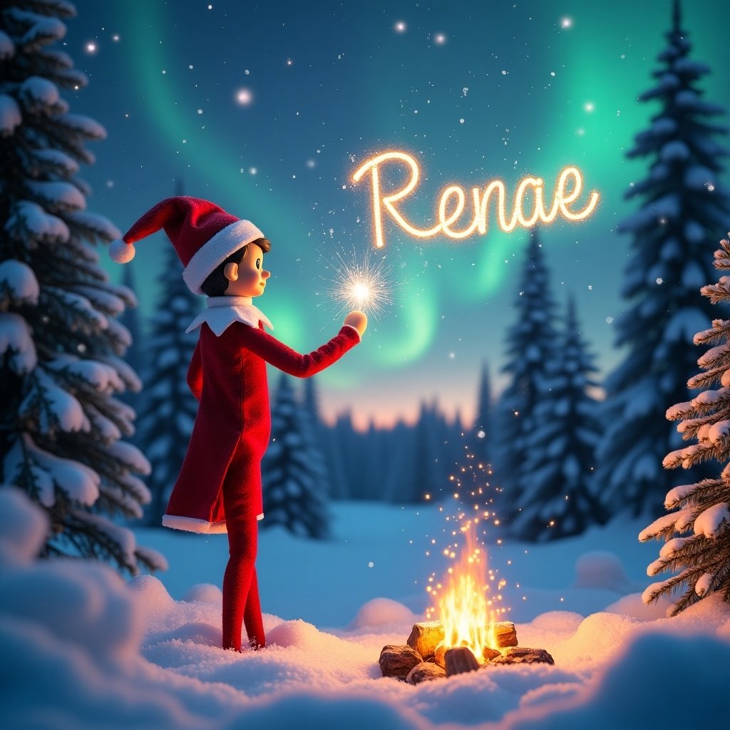 A traditional red elf on the shelf stands majestically in a snowy forest, its magic wand twinkling as it writes 'Renae' in glittering letters across the night sky. The air is filled with delicate, sparkling snowflakes that dance and swirl around the elf. In the distance, the horizon glows with the breathtaking beauty of the northern lights, shimmering in deep pink, purple, and turquoise hues. A small campfire crackles and spits nearby, casting a warm, golden glow over the snow-covered trees. In the background, a majestic Christmas tree stands tall, its branches heavy with snow and its lights twinkling like stars.