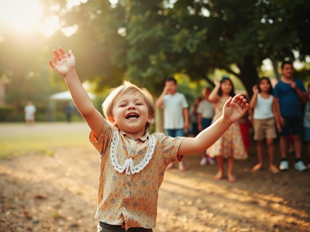 A young child with blonde hair is joyfully running towards the camera with open arms, exuding happiness. The background features a group of other children slightly out of focus, under the shade of a tree in a sunny park setting. The warm lighting and vibrant colors add to the cheerful atmosphere.