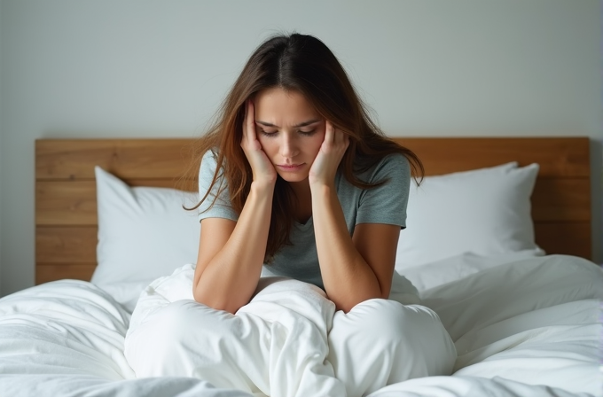 A person in a gray T-shirt sits on a bed, resting their head in their hands, appearing deep in thought or concerned.