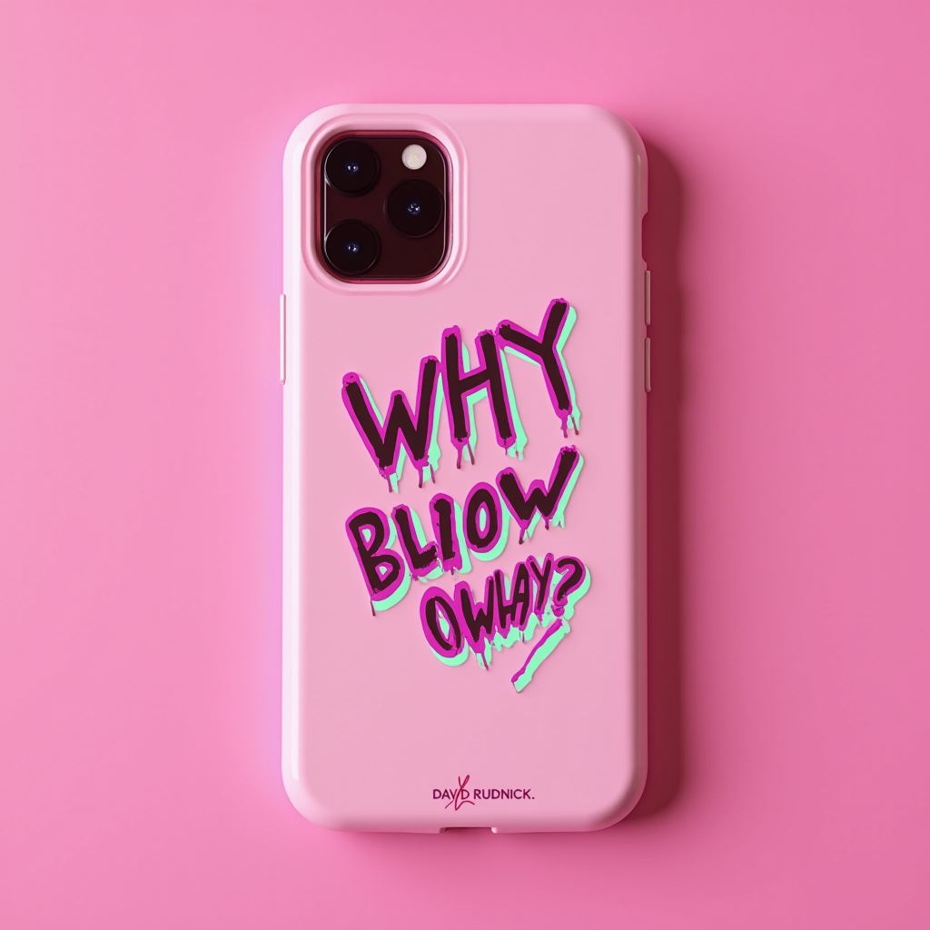 The image features a smartphone with a vibrant pink case against a matching pink background. The phone case is decorated with bold, stylized text reading "WHY BLIOW OWAY?" The letters are designed in a dripping, graffiti-like style with a color palette of black, teal, and pink, creating a striking contrast. Below the text is an artist's signature or branding that reads "DAVID RUDNICK." The overall aesthetic has a playful and retro pop art feel.