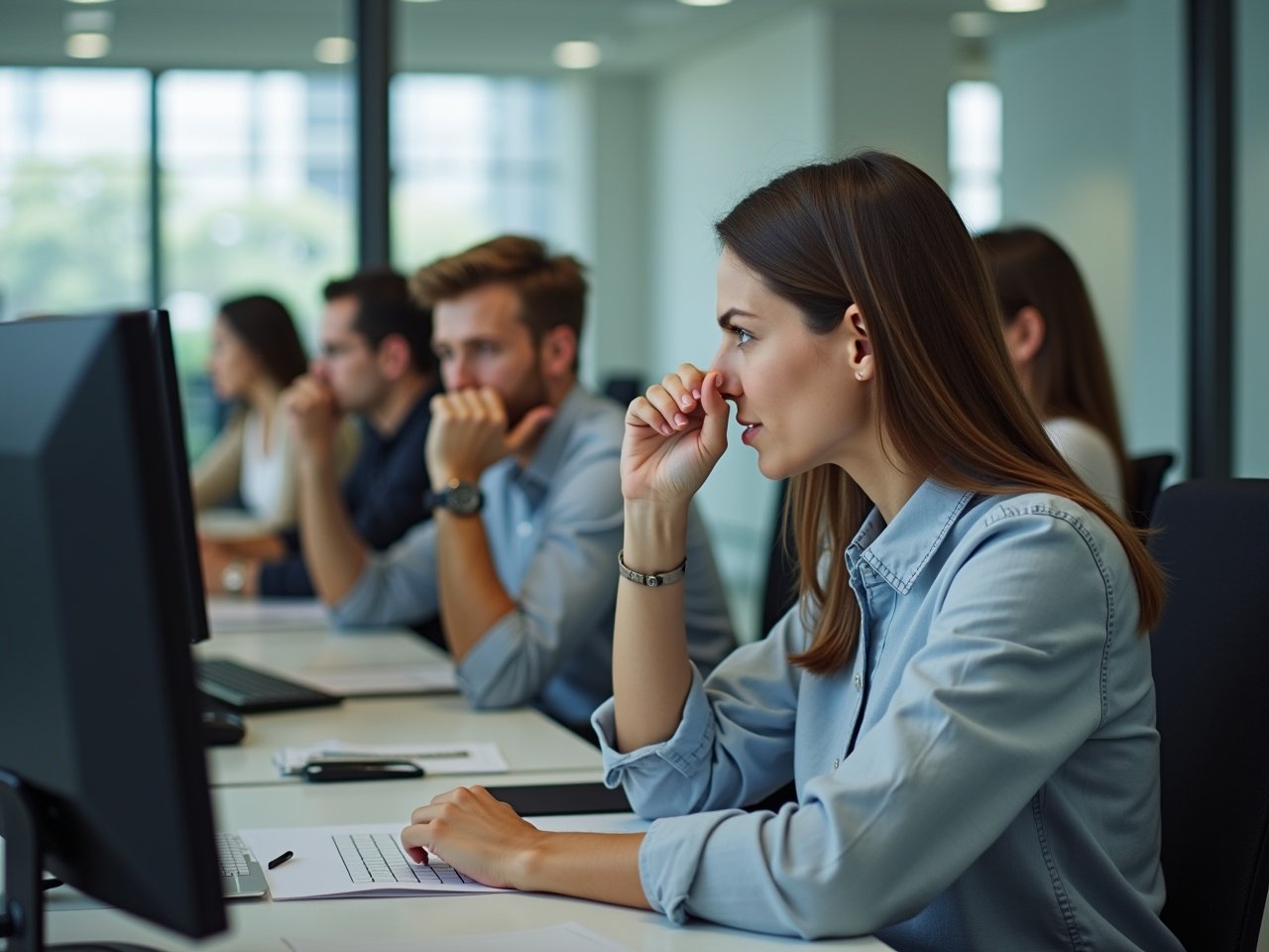 In a modern corporate office, several people are seated at their desks, focusing on their computer screens. One woman in the foreground has a look of concentration, using her finger to block one nostril while she works. The office is bright with natural light filtering through large windows, creating an atmosphere of professionalism and productivity. The individuals exhibit various expressions of focus, indicative of a busy work environment. The image captures the essence of teamwork and the challenges faced in a corporate setting.