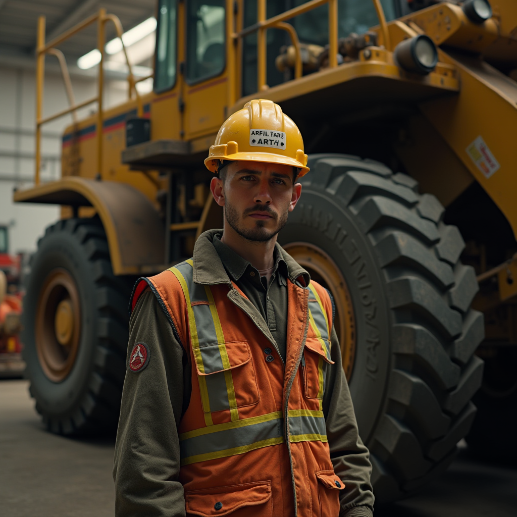 A man in protective work gear stands in front of a large industrial vehicle inside a warehouse.