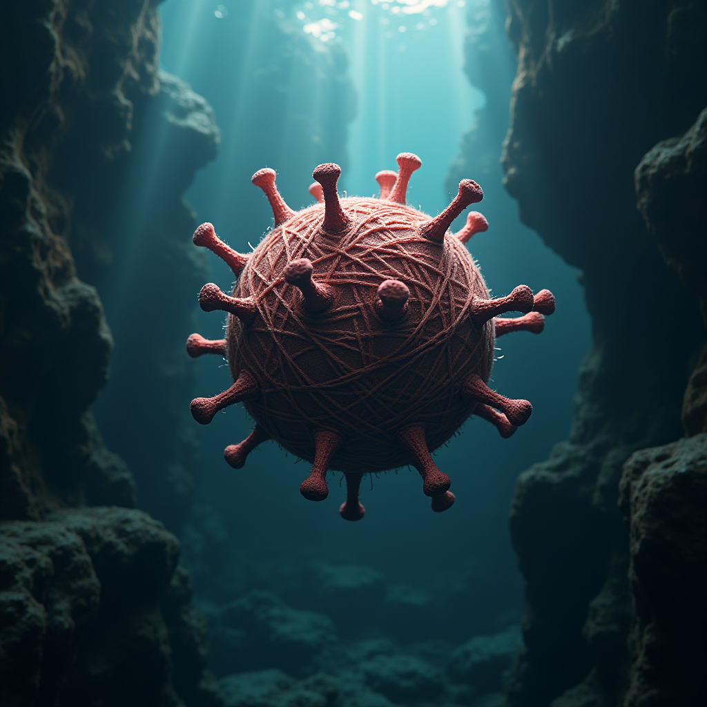 A virus-like, yarn-wrapped sphere drifts underwater amid rocky formations.