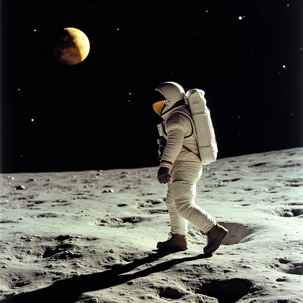 An astronaut stands on a desolate lunar landscape with a celestial body glowing in the distant dark sky.