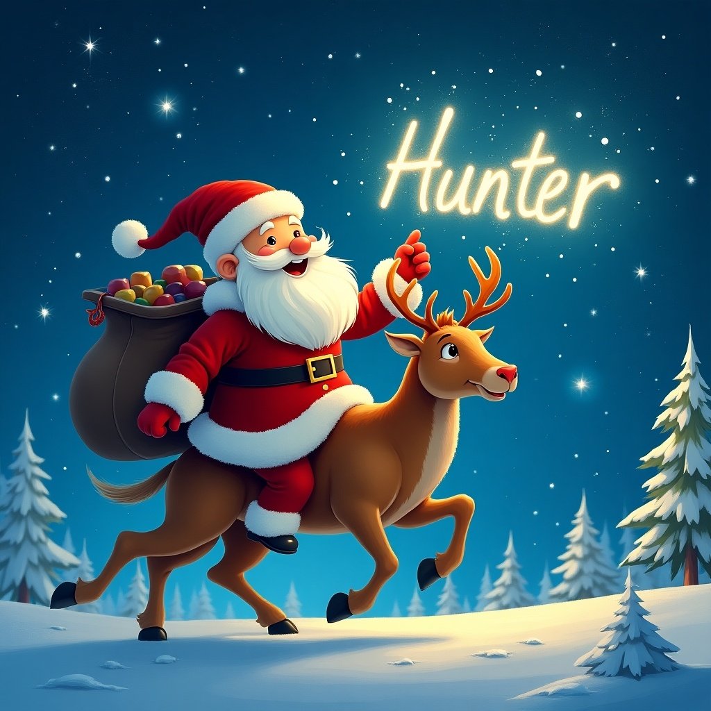 An illustration showing Santa Claus riding a reindeer happily across a snowy landscape. Santa has a big bag of gifts on his back. In the night sky, the name 'Hunter' is magically illuminated in glowing text. The scene is filled with snow-covered trees and a starry night, creating a festive atmosphere. This image captures the joy of the holiday season, suitable for cards and decorations.