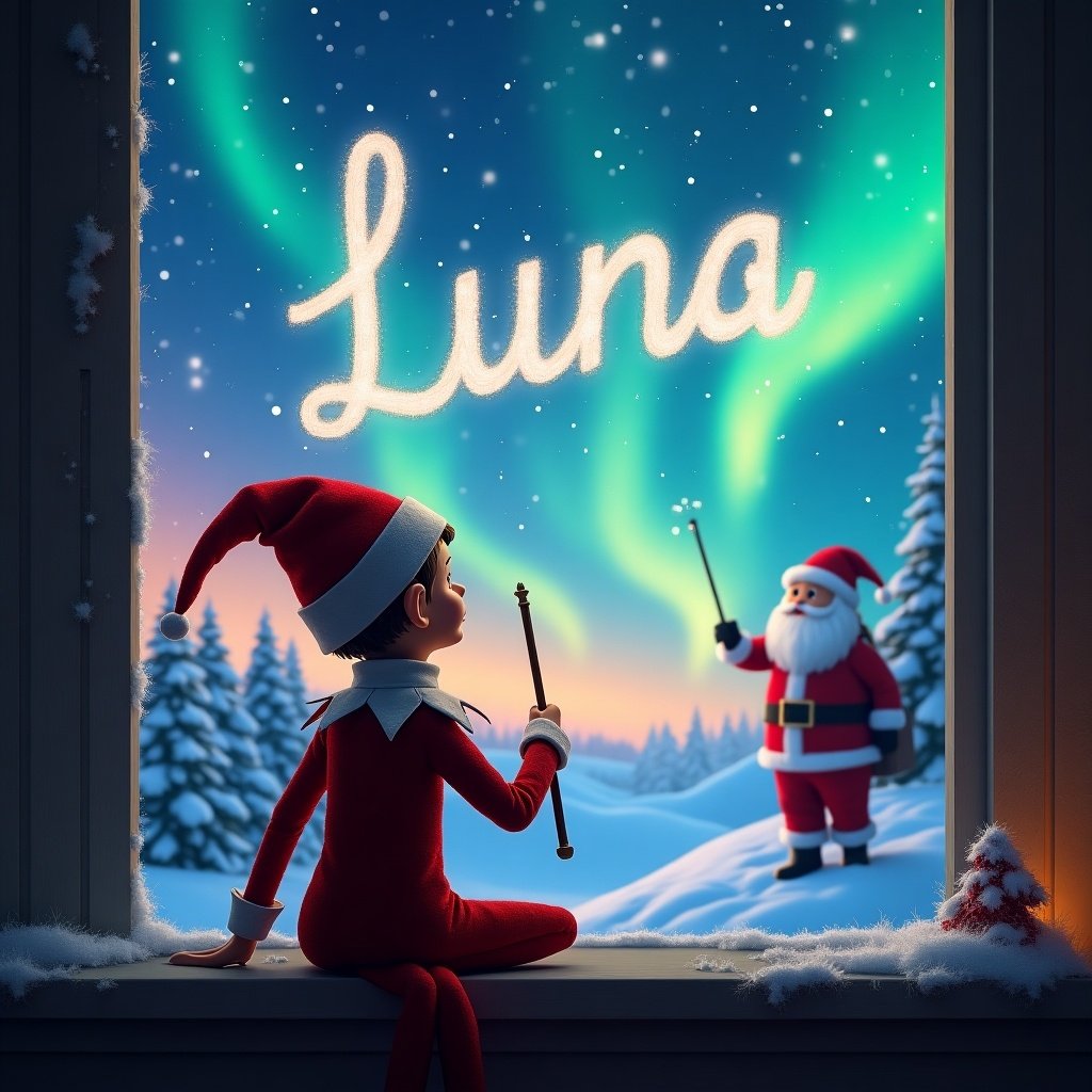 An enchanting holiday scene featuring a cheerful elf with his back to the viewer. He is dressed in a festive outfit and is holding a wand, writing the name 'Luna' in the starry sky. The background showcases a winter landscape blanketed in snow, illuminated by vibrant northern lights. In the distance, Santa Claus is visible, also holding a wand. The overall mood is magical, embodying the spirit of Christmas. The elf looks amazed as he performs this whimsical act, creating a personal touch for the viewer.