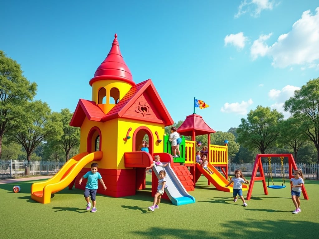 A colorful playground filled with various outdoor toys for kids. In the center, there is a whimsical house designed to resemble a cartoon red and yellow rocket. Surrounding the house are slides, swings, and climbing structures, all vibrant in color. The sky above is clear and blue, creating a cheerful atmosphere. Children are playing joyfully, making the space lively and inviting.